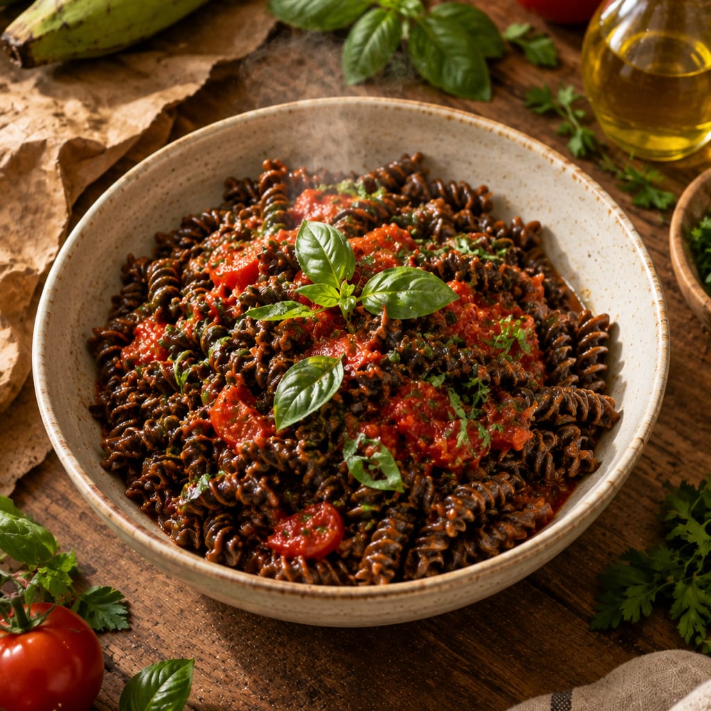 Piatto di fusilli di platano Karpos con sugo di pomodoro, pomodorini e basilico